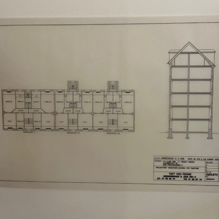 Tagetage og snit i bygningen